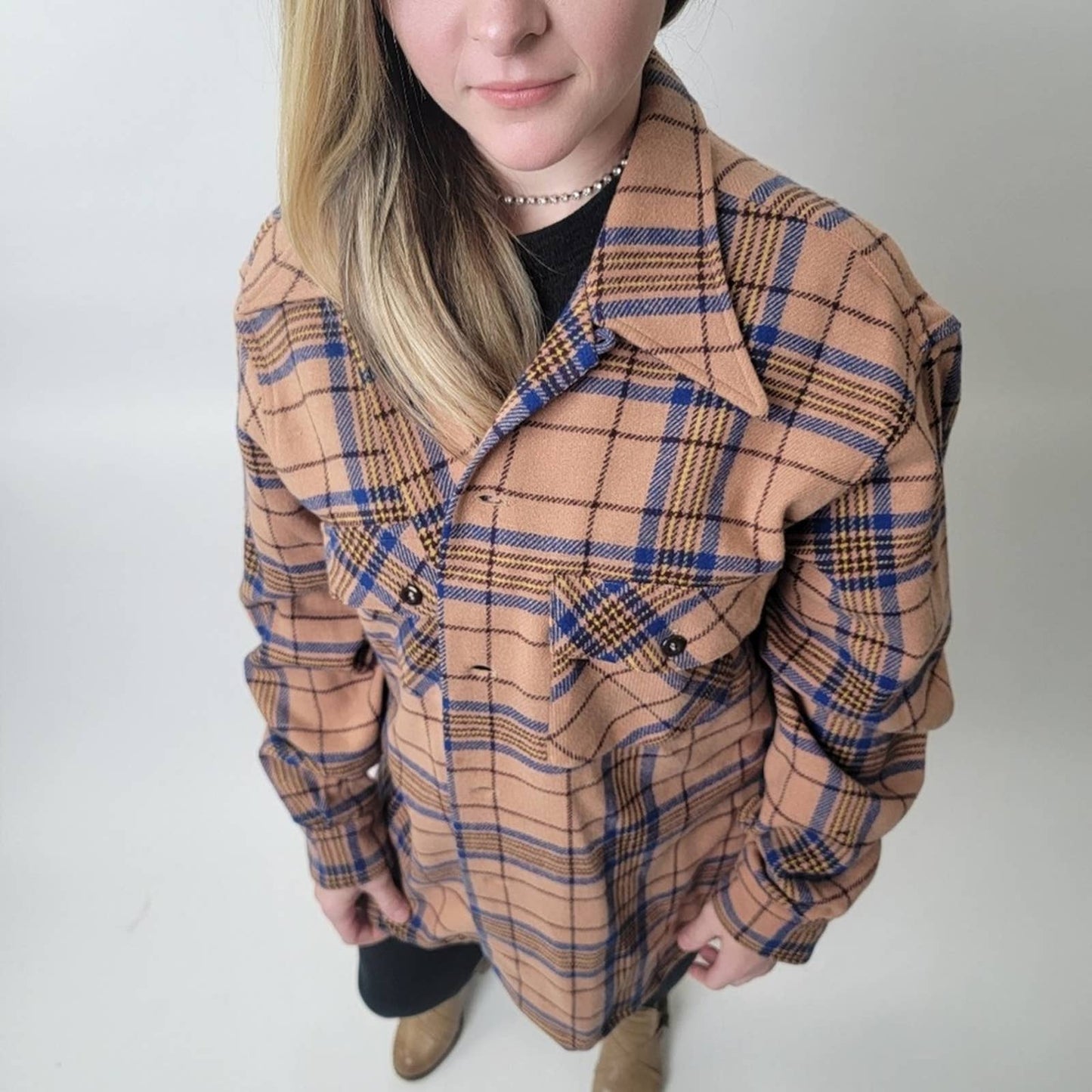 Vintage 70s Mod Wool Scottich Plaid Flannel Long Sleeve Button Down Shirt