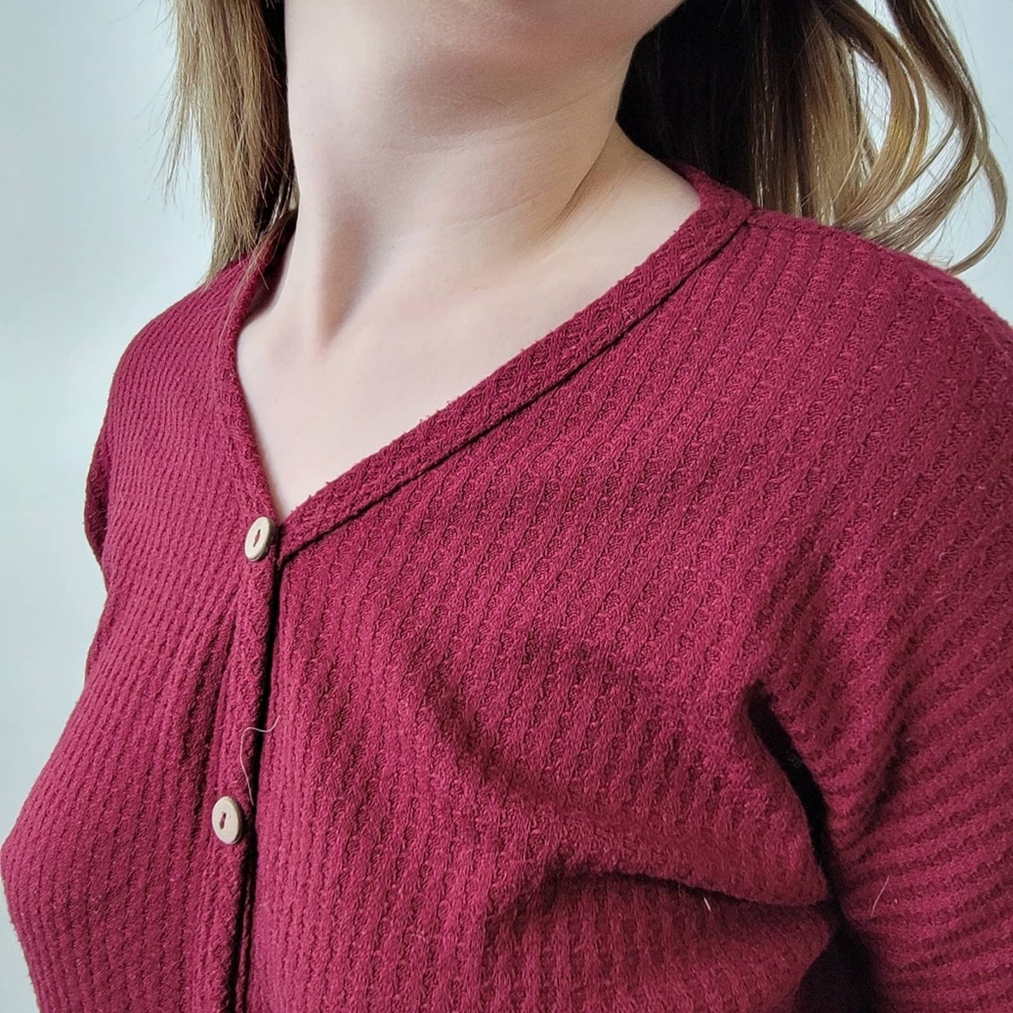 Maroon Burgundy Waffle Knit Crop Top Long Sleeve - XS