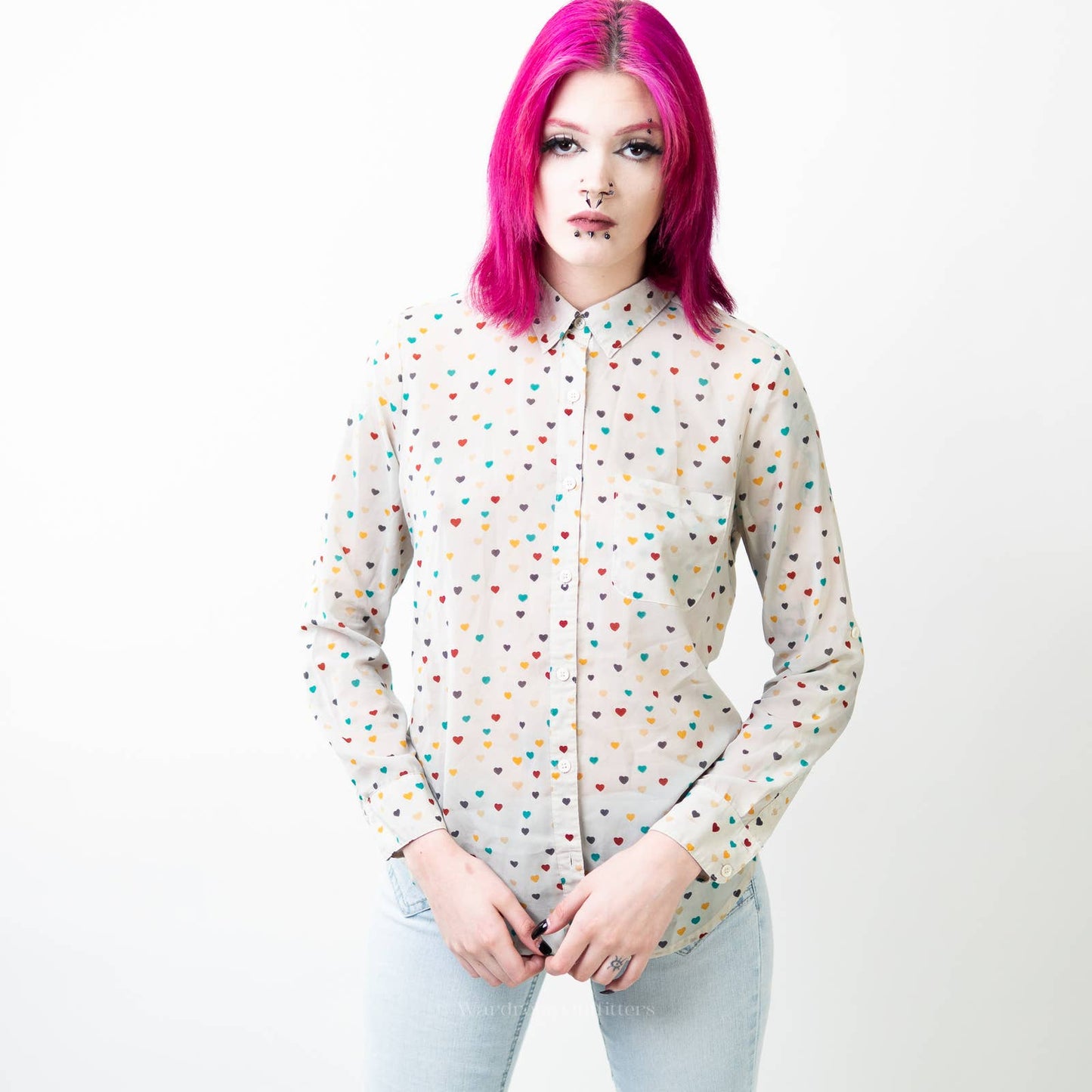 I love h81 x F21 White Sheer Button Down Polkadot Heart Shirt - S