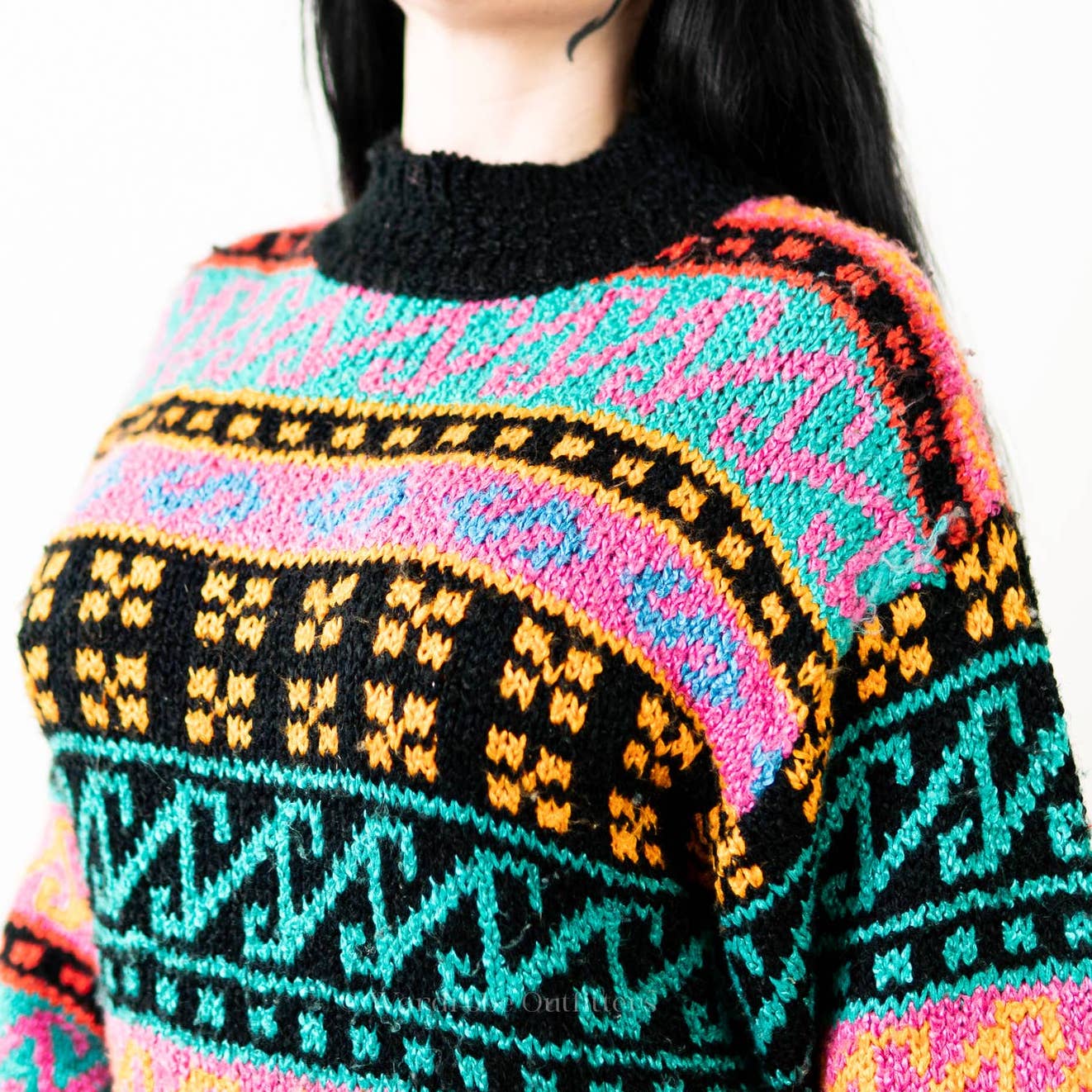 Vintage 90s Chunky Crochet Knit Multicolor Abstract Sweater Dress