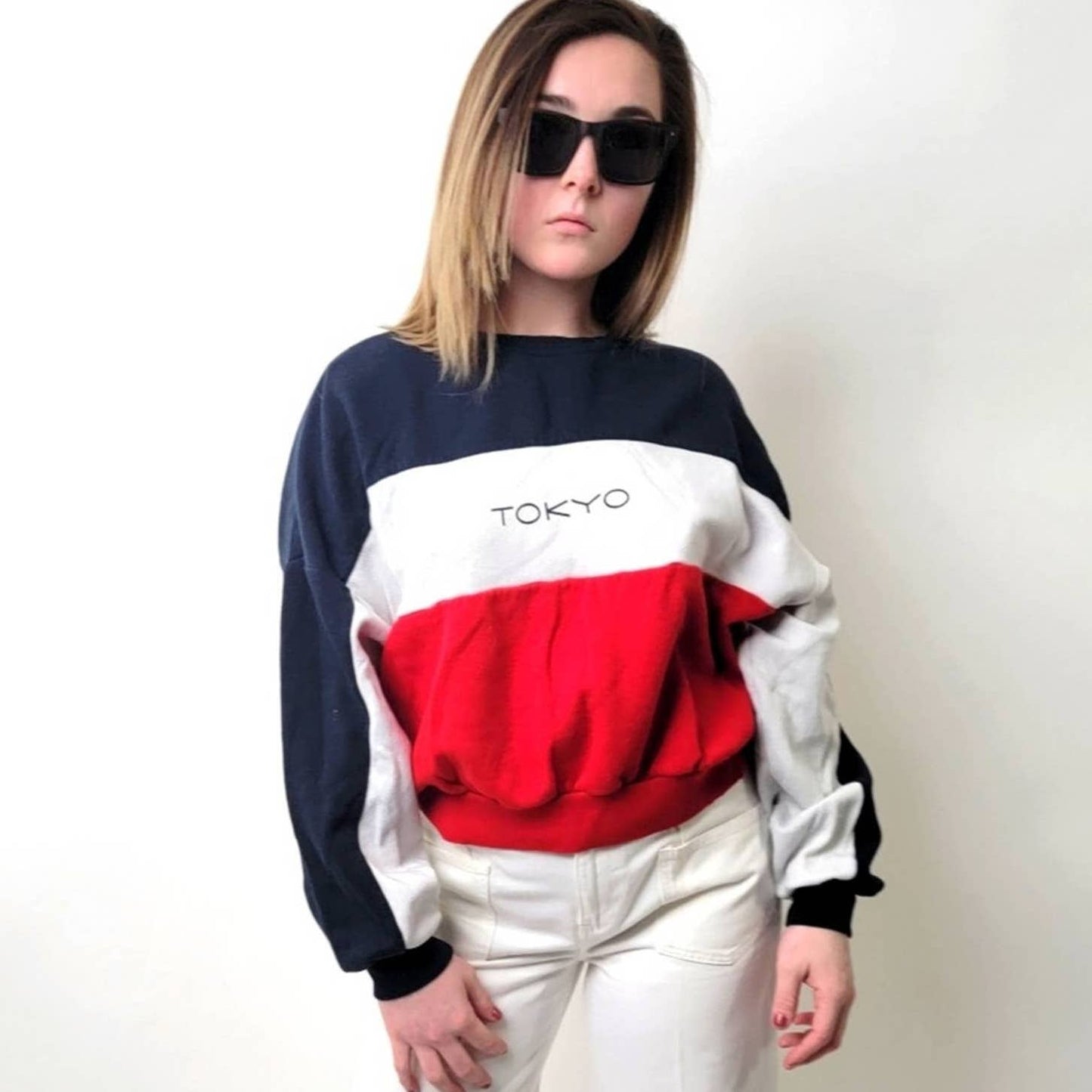 Red White & Blue Striped Colorblock 'Tokyo' Crewneck Sweatshirt - M