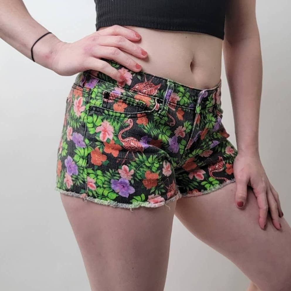 Y2K Lovesick Skeleton Flamingo Floral Denim Cutoff Shorts