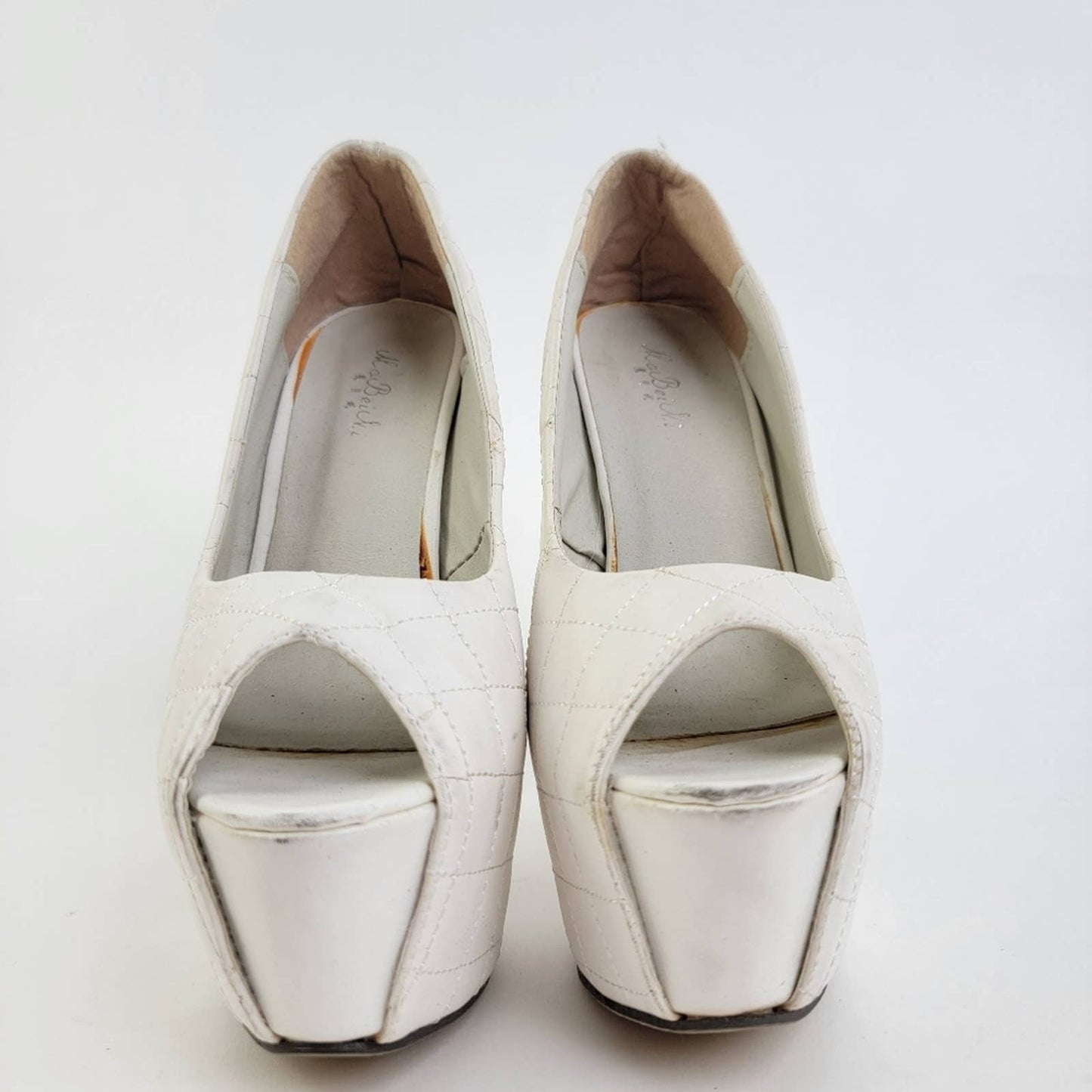 White Checkered Quilted Pumps Sky High Peep Toe Platform Pleaser Heel Stilettos