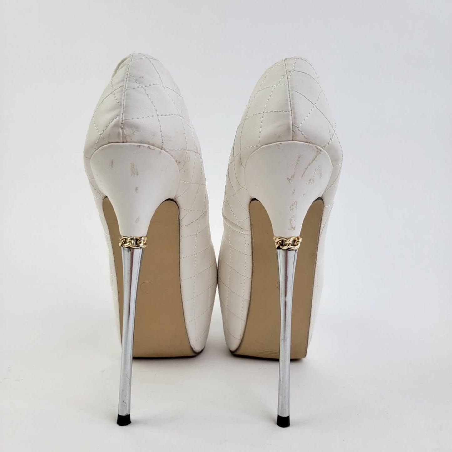 White Checkered Quilted Pumps Sky High Peep Toe Platform Pleaser Heel Stilettos