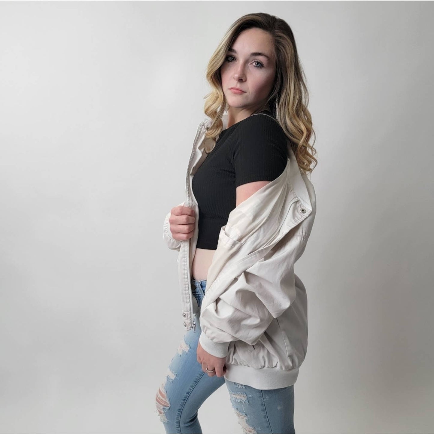 Vintage 80s Haband White Bomber Track Jacket - L