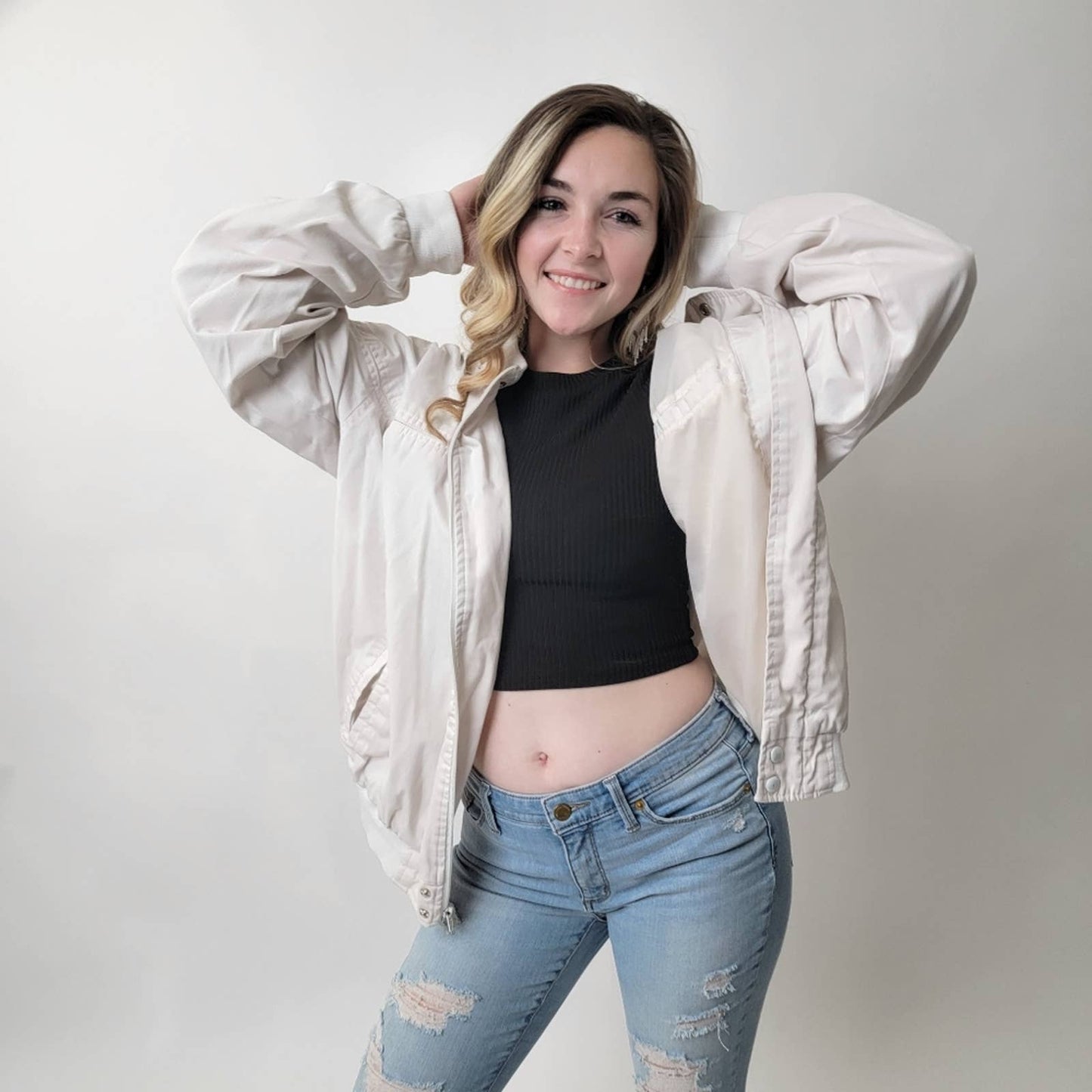 Vintage 80s Haband White Bomber Track Jacket - L