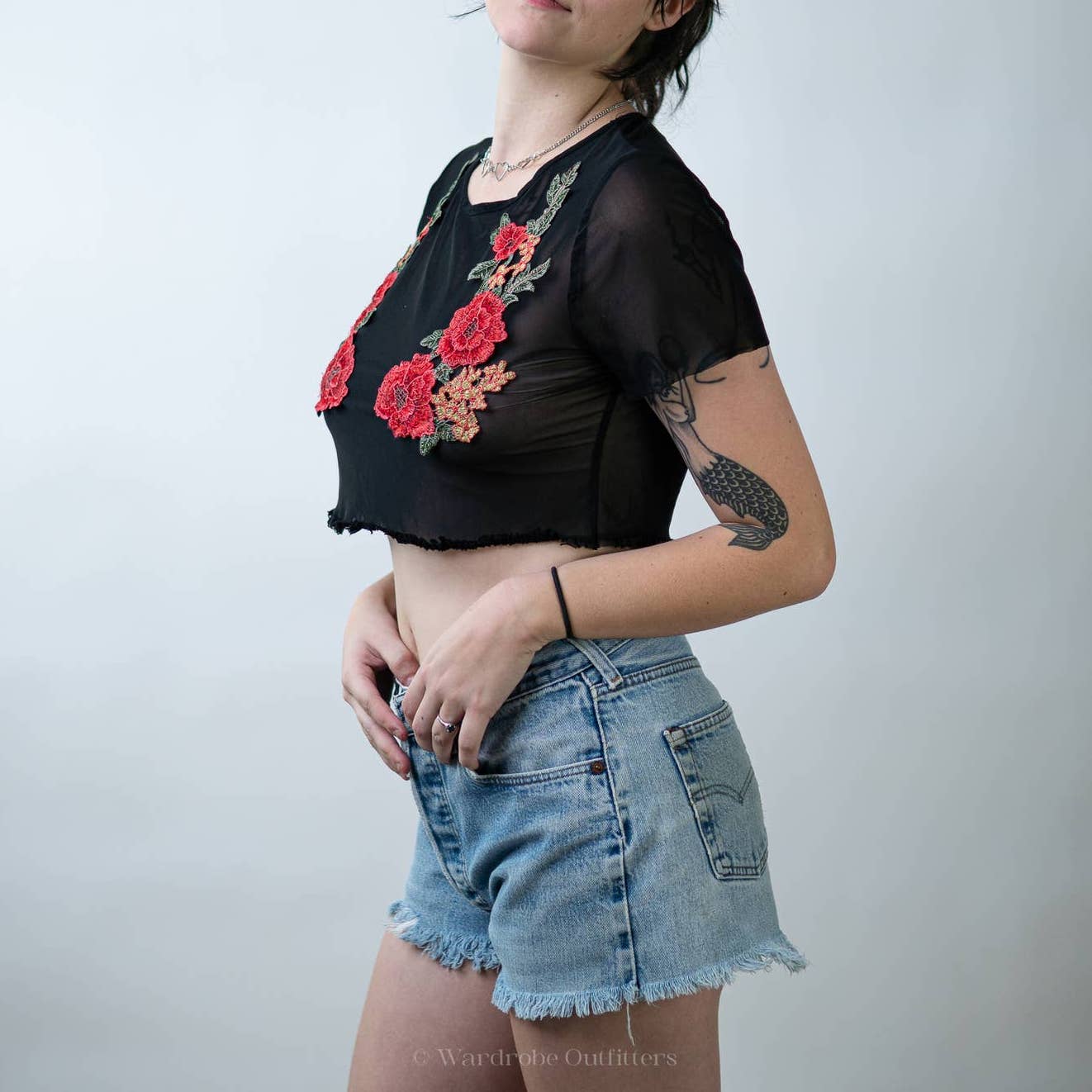 Embroidered Stitched Floral Rose See Through Sheer Mesh Rave Crop Top