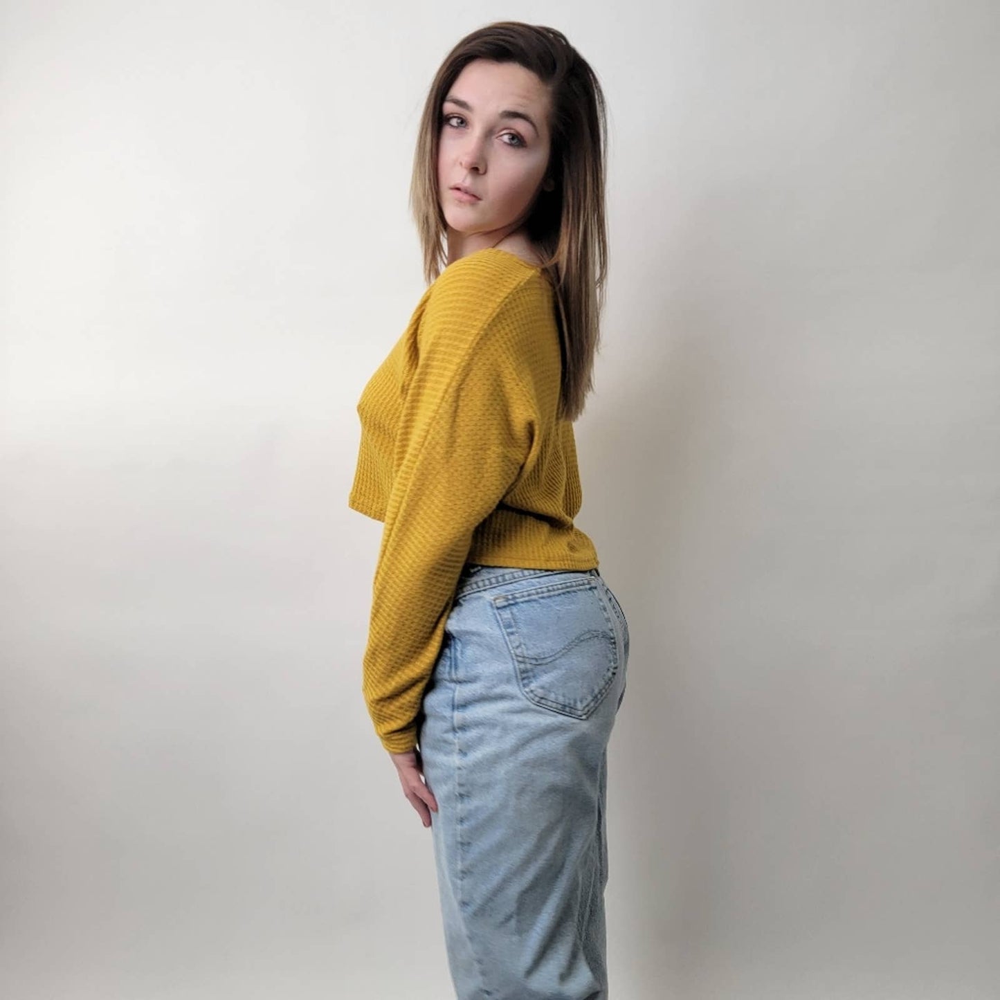 Cropped Waffle Weave Mustard Yellow Flannel Shirt - M