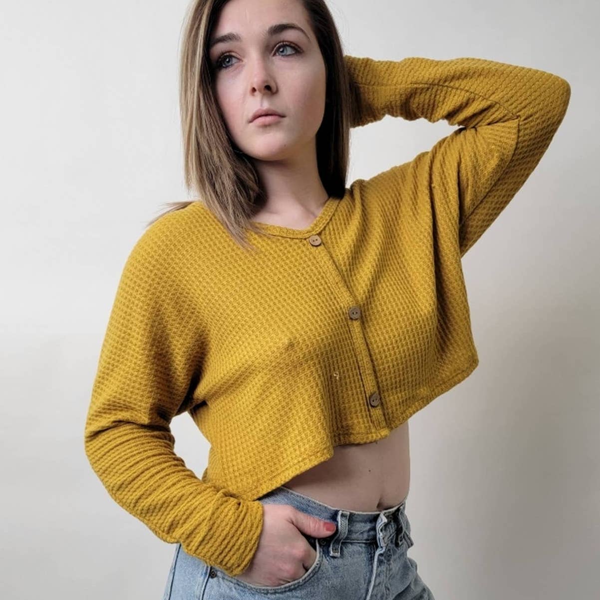 Cropped Waffle Weave Mustard Yellow Flannel Shirt - M