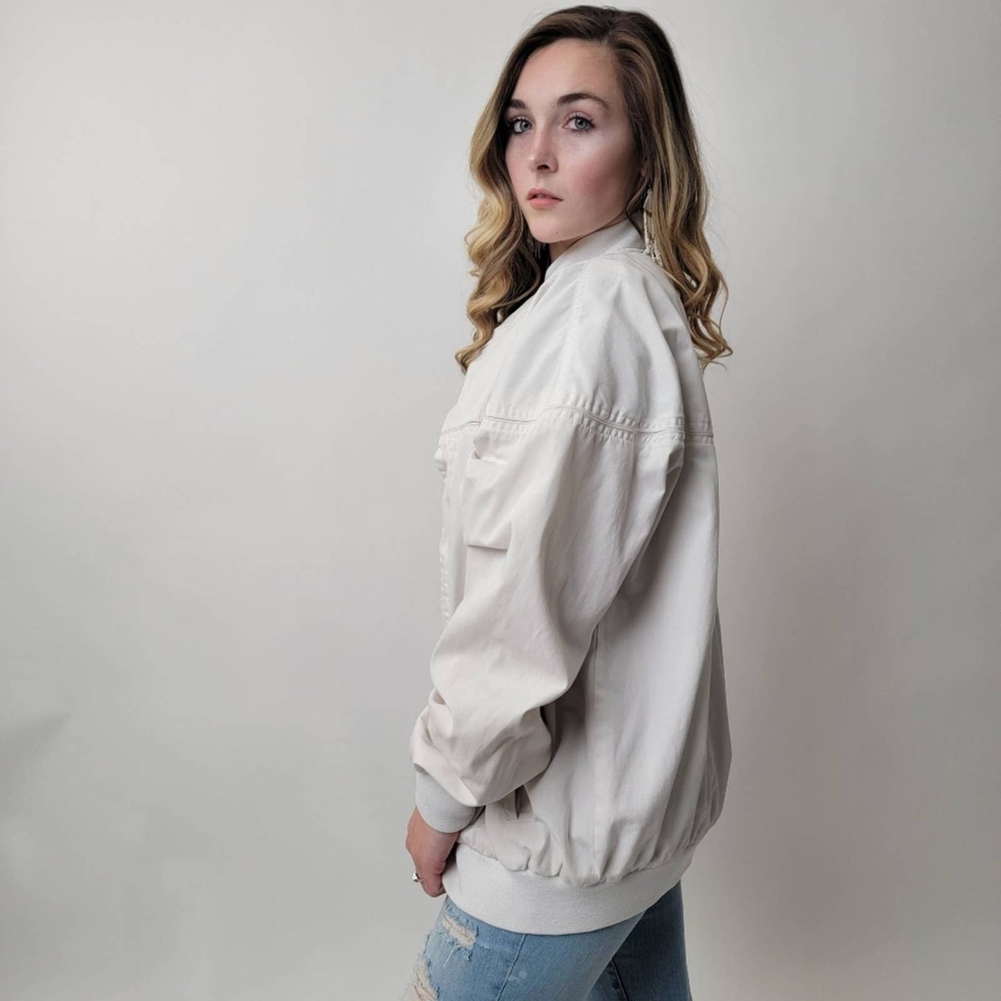 Vintage 80s Haband White Bomber Track Jacket - L