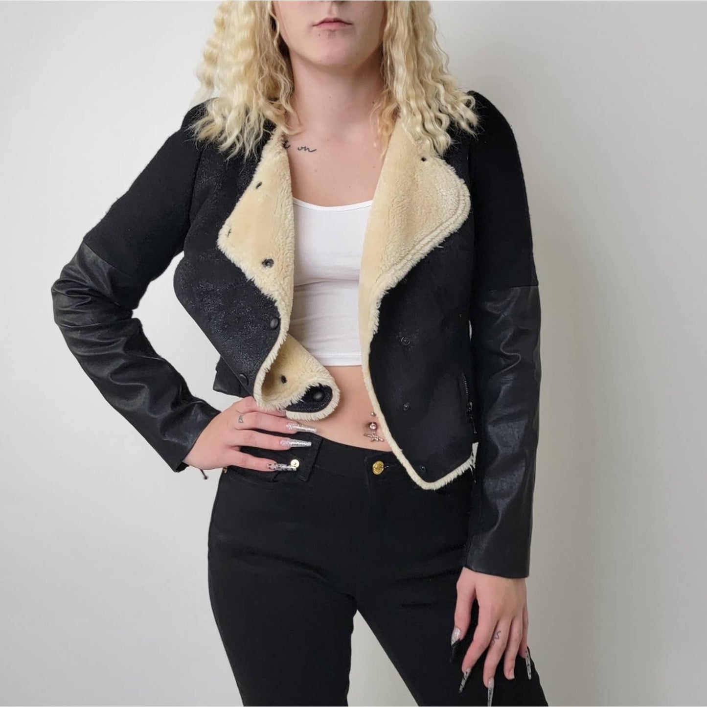 Zara Trafaluc Cropped Fur Penny Lane Leather Bomber Jacket - M