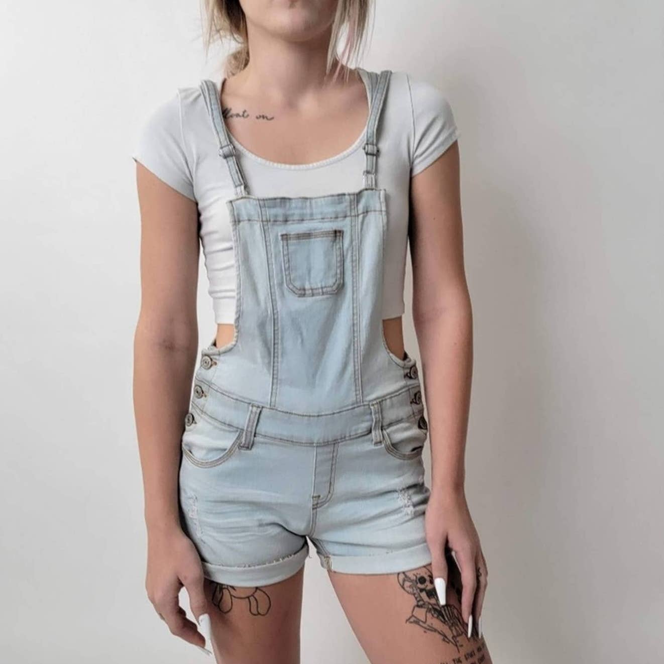 Light Wash Wax Jean Overalls Shortalls - M
