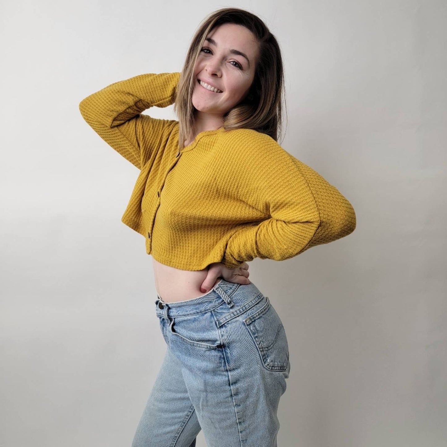 Cropped Waffle Weave Mustard Yellow Flannel Shirt - M