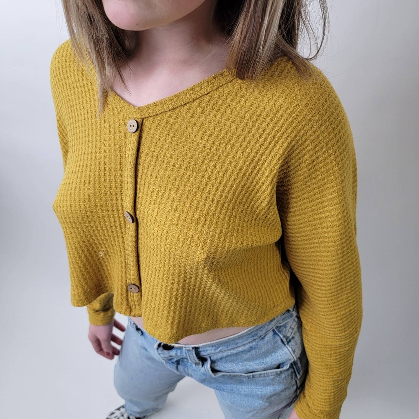 Cropped Waffle Weave Mustard Yellow Flannel Shirt - M