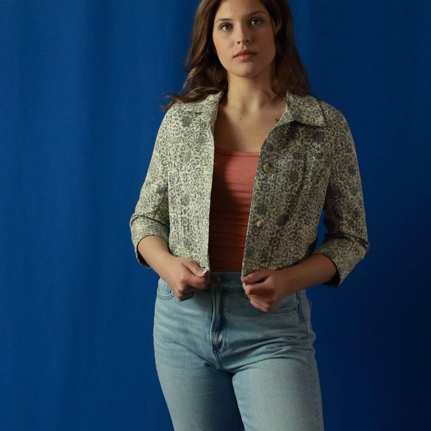 Theory Ecru Brocade Cropped Box Jacket - M