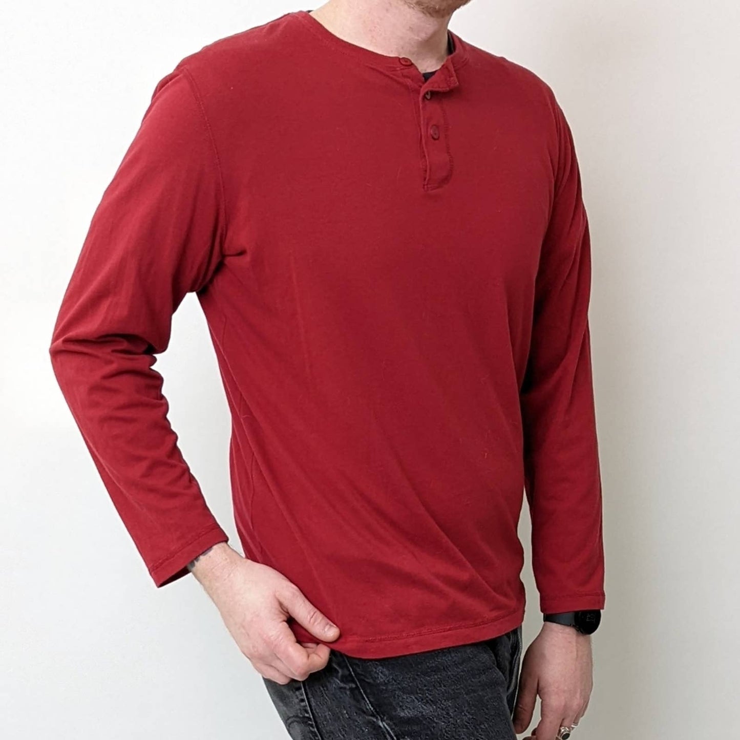 Perry Ellis Red Long Sleeve Henley - M