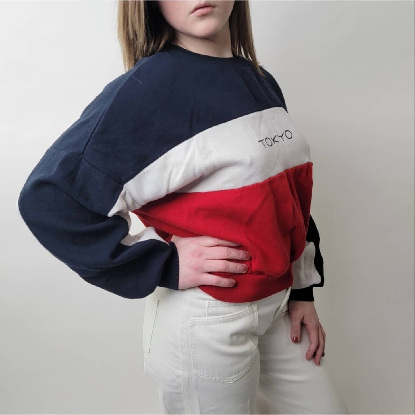 Red White & Blue Striped Colorblock 'Tokyo' Crewneck Sweatshirt - M