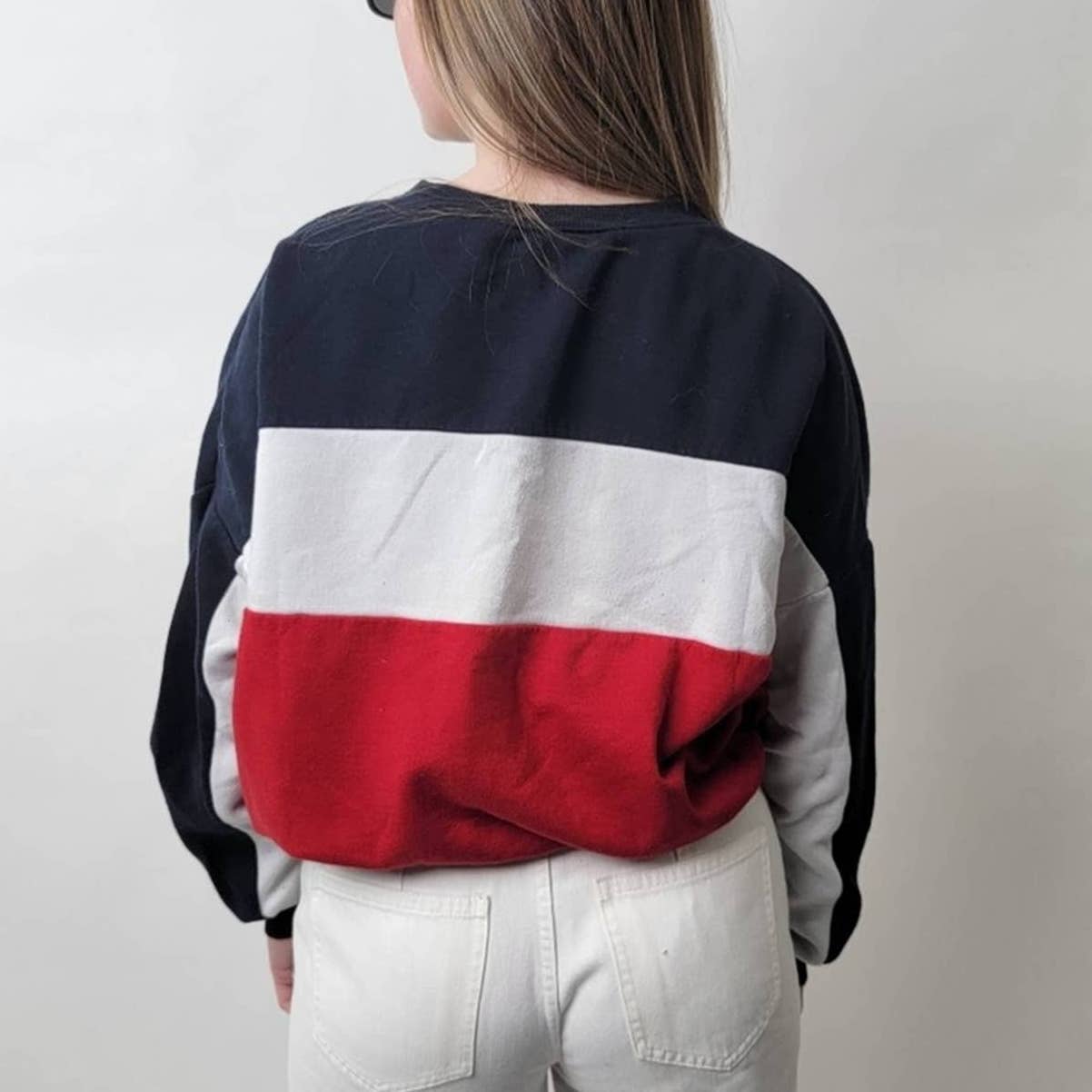 Red White & Blue Striped Colorblock 'Tokyo' Crewneck Sweatshirt - M