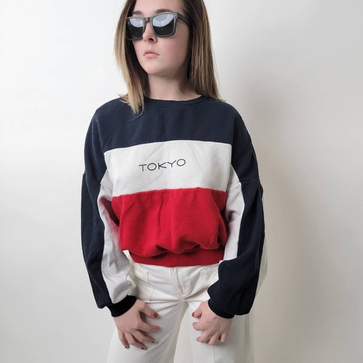 Red White & Blue Striped Colorblock 'Tokyo' Crewneck Sweatshirt - M