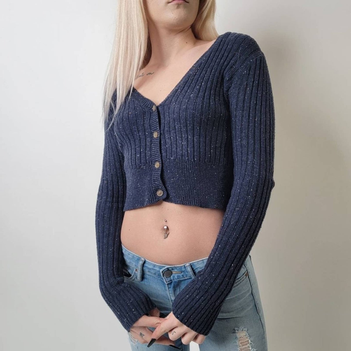 Prince & Fox Navy Cropped Ribbed Knit Cardigan - XS