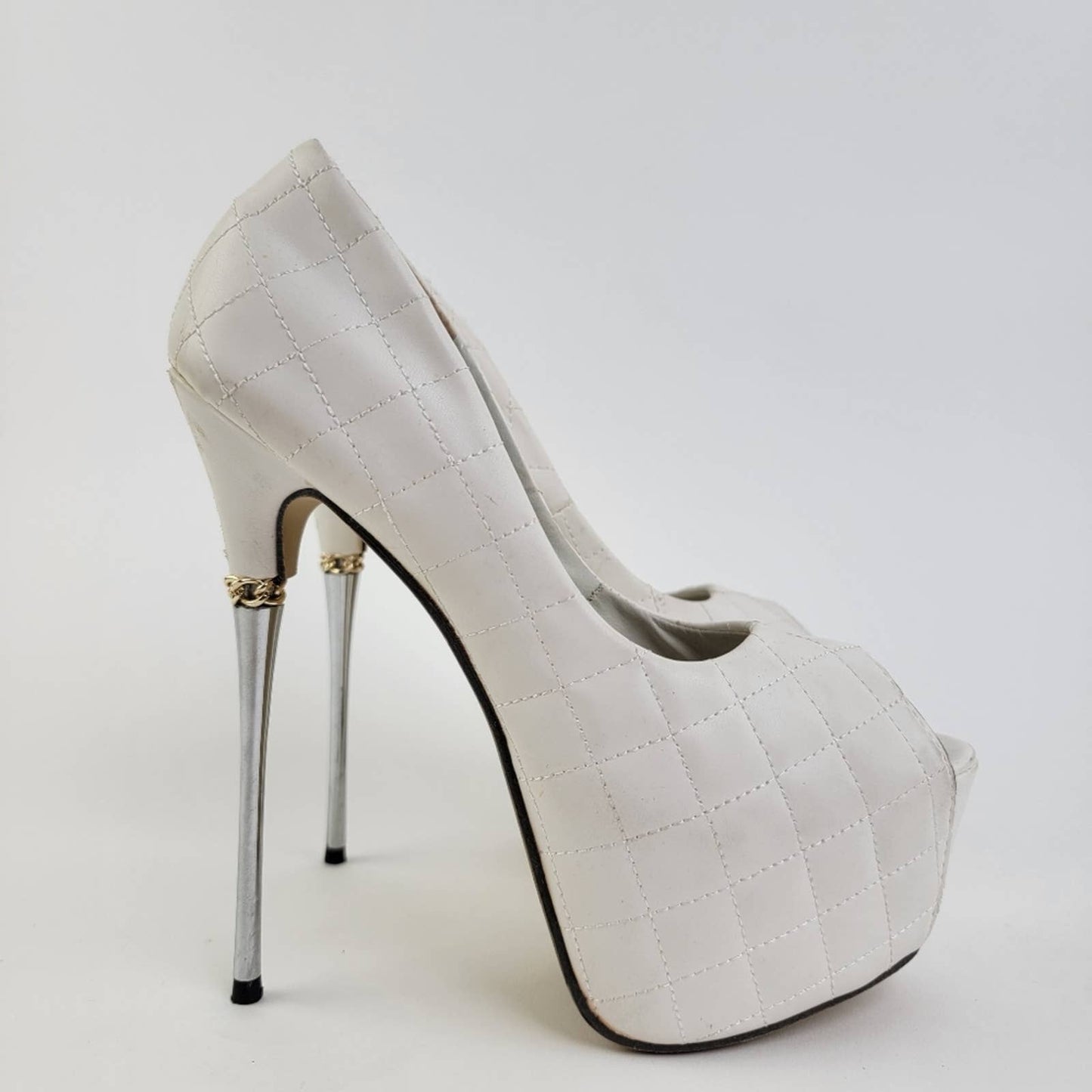 White Checkered Quilted Pumps Sky High Peep Toe Platform Pleaser Heel Stilettos
