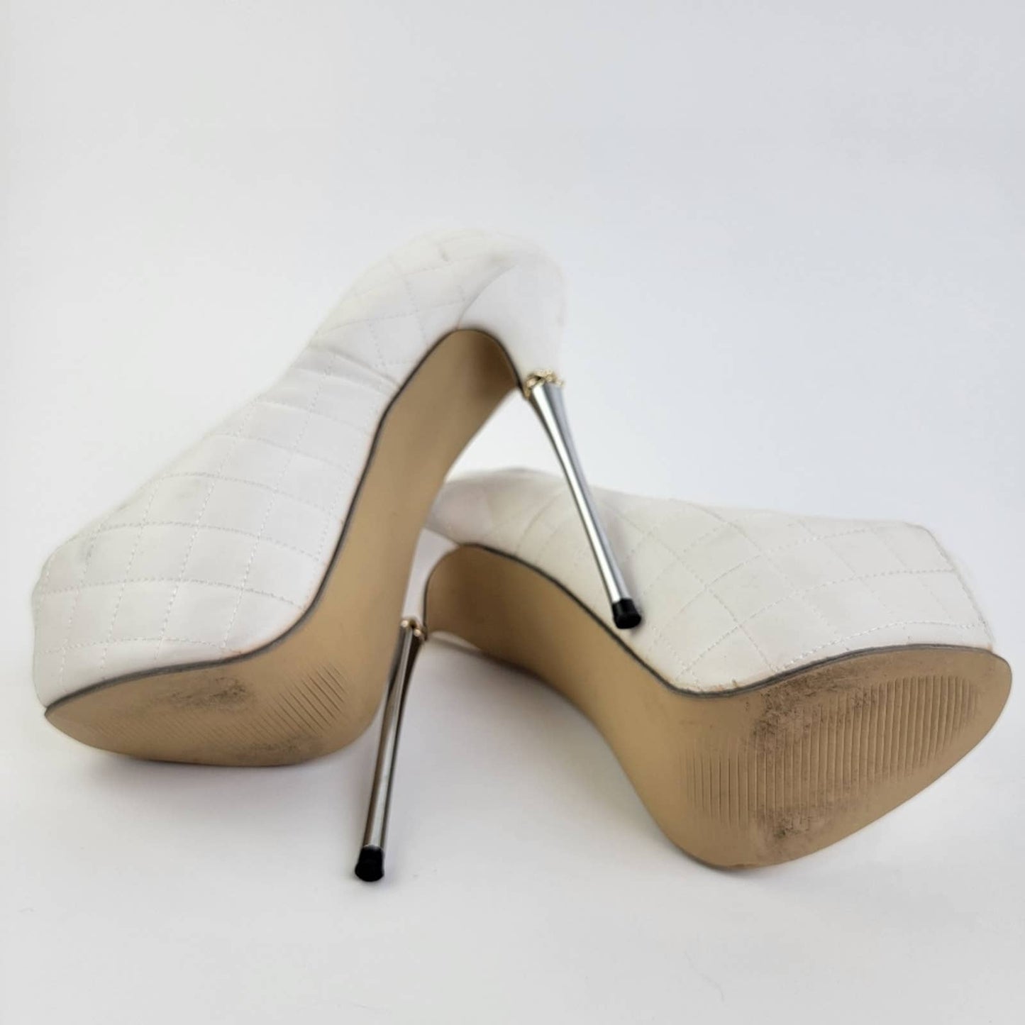 White Checkered Quilted Pumps Sky High Peep Toe Platform Pleaser Heel Stilettos
