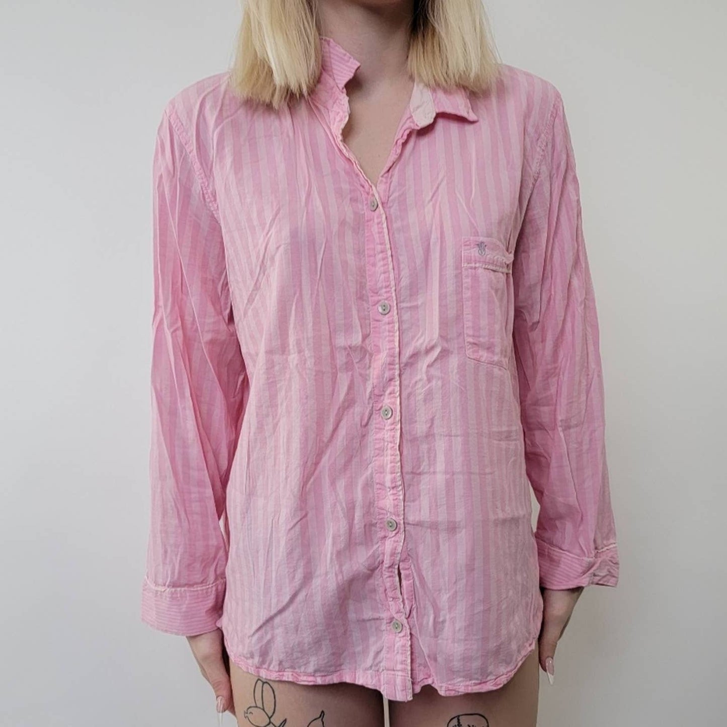 Victoria's Secret Pink Pajama Striped Button Down Sleep Shirt - L
