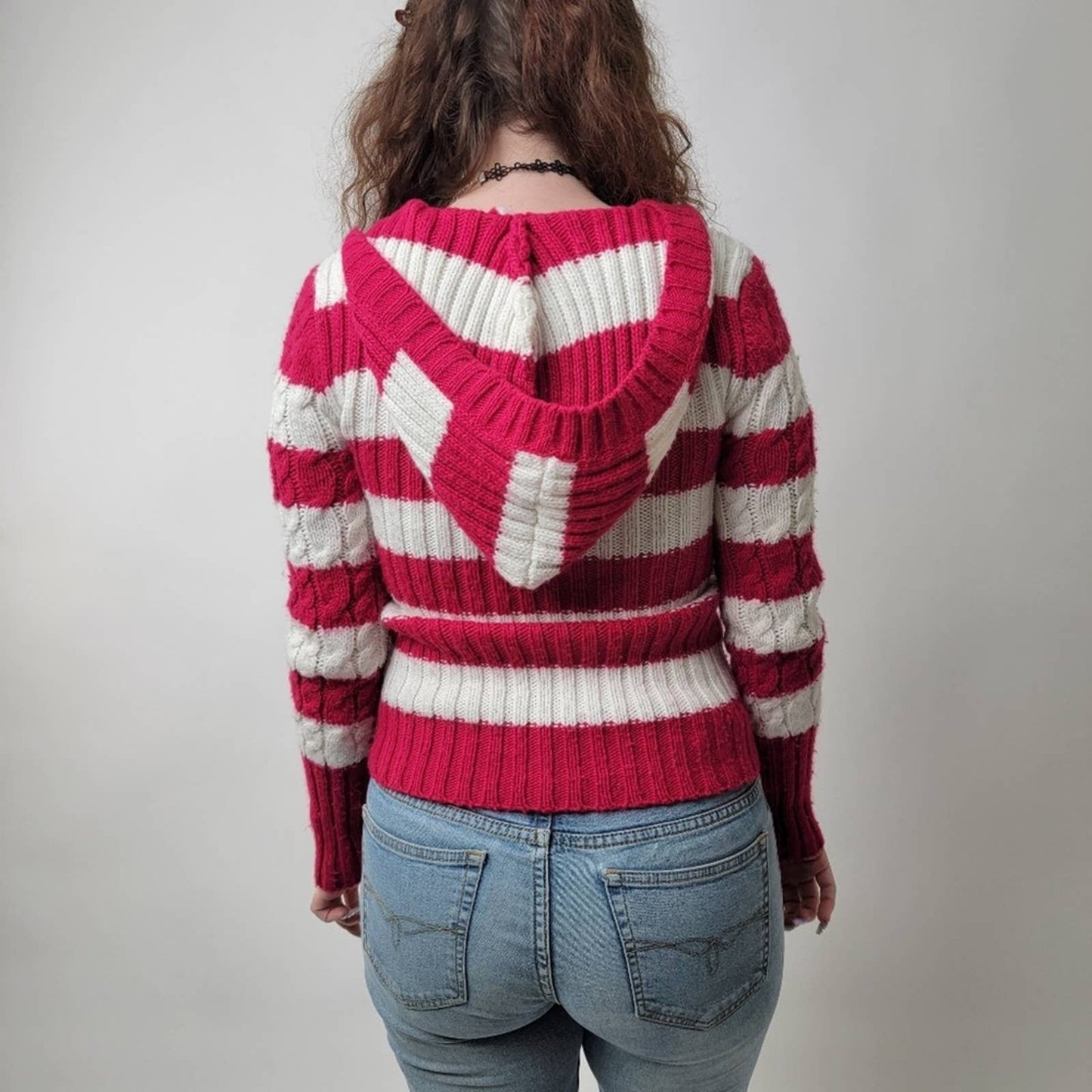 Aeropostale Y2K Hooded Striped Cable Knit Sweater - M