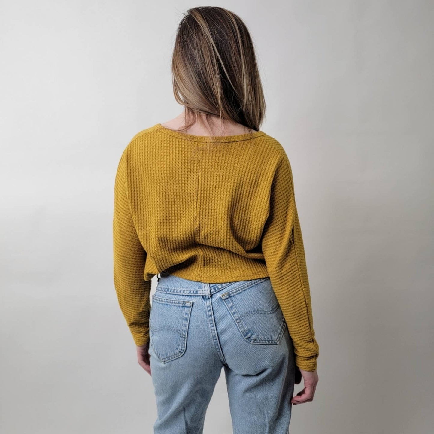 Cropped Waffle Weave Mustard Yellow Flannel Shirt - M