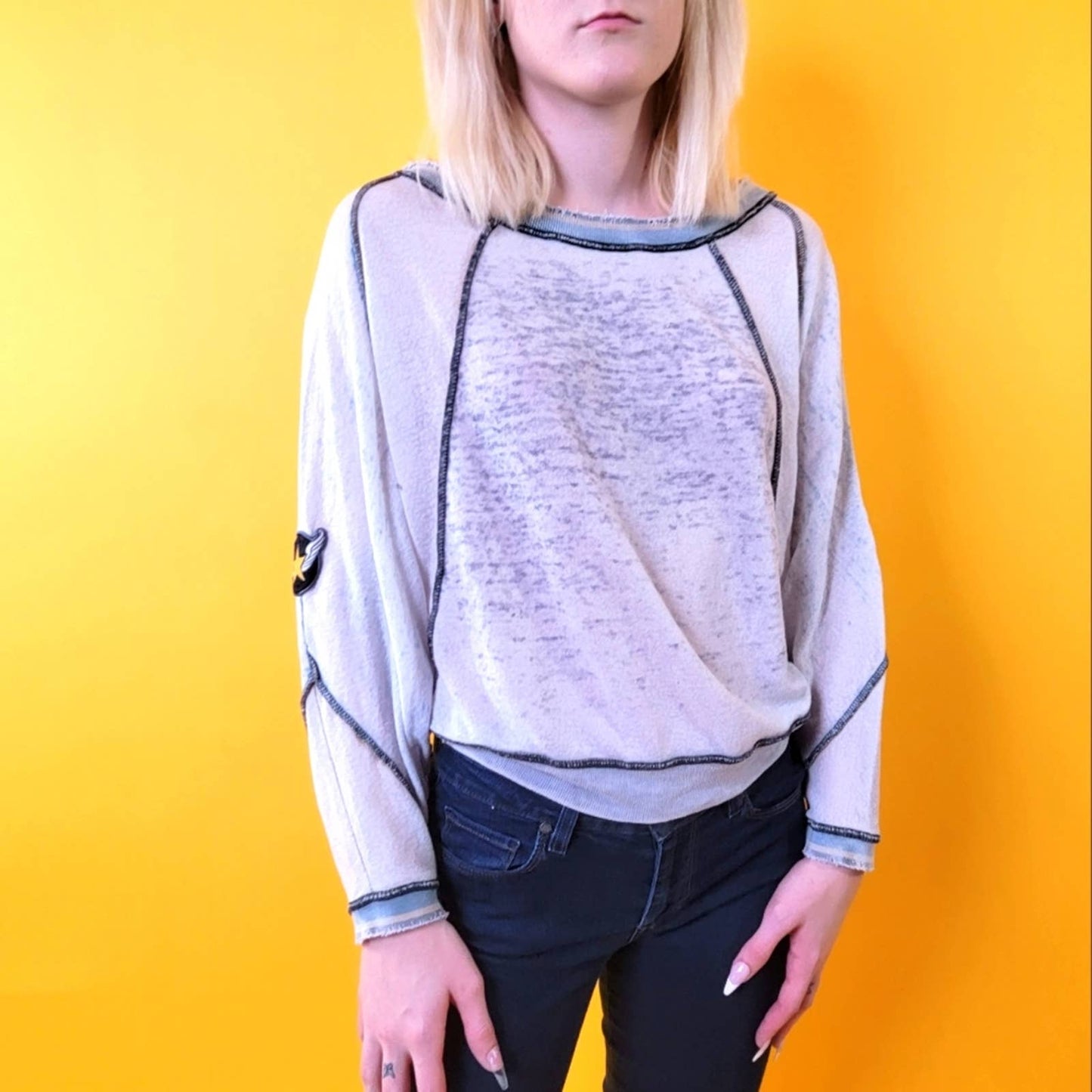 Free People Raw Hem Sheer Jersey Pullover Long Sleeve Top