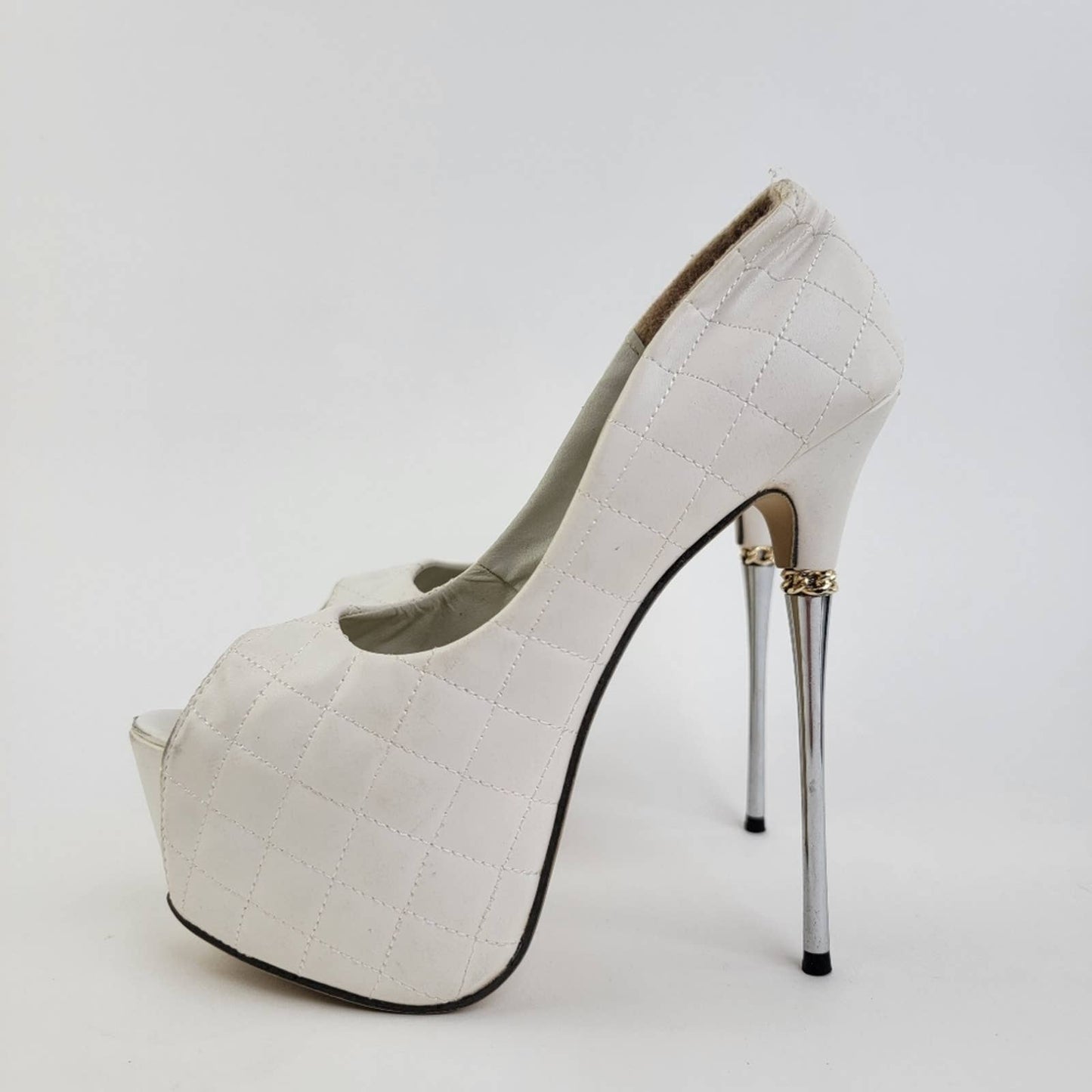 White Checkered Quilted Pumps Sky High Peep Toe Platform Pleaser Heel Stilettos