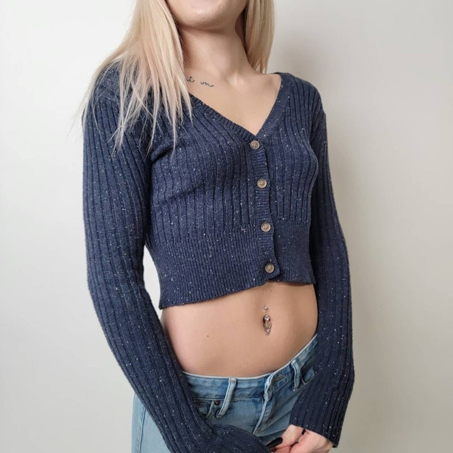 Prince & Fox Navy Cropped Ribbed Knit Cardigan - XS