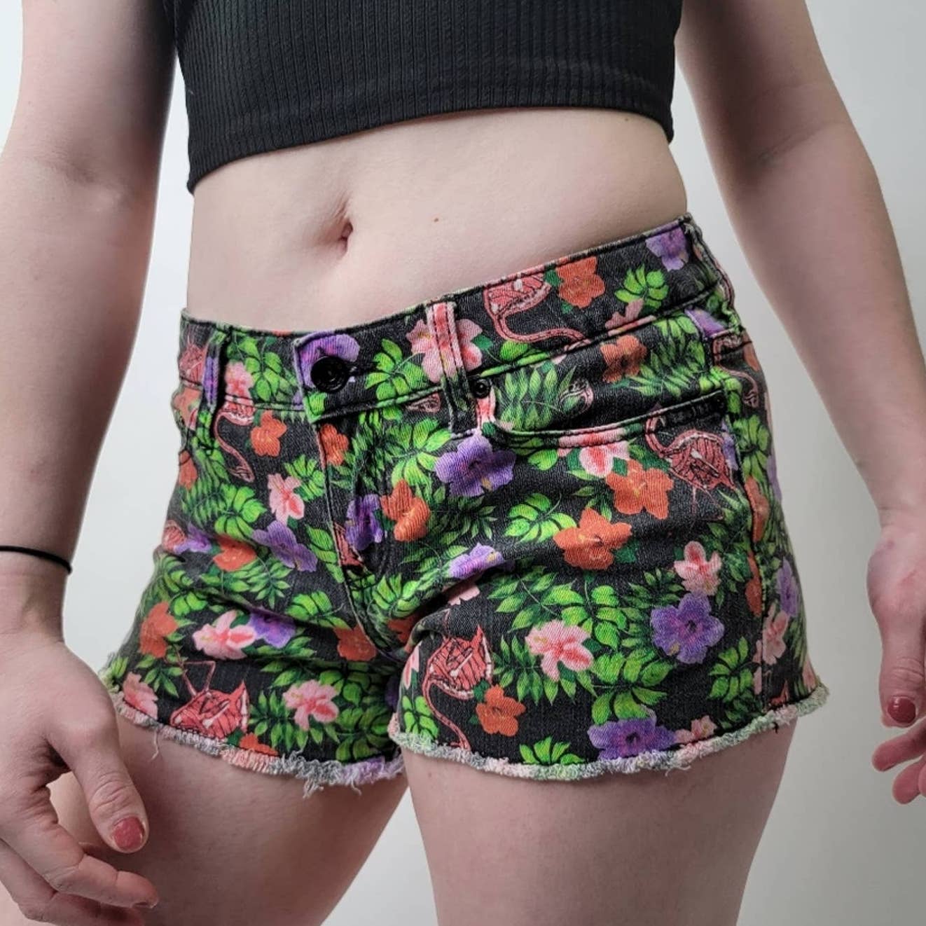 Y2K Lovesick Skeleton Flamingo Floral Denim Cutoff Shorts