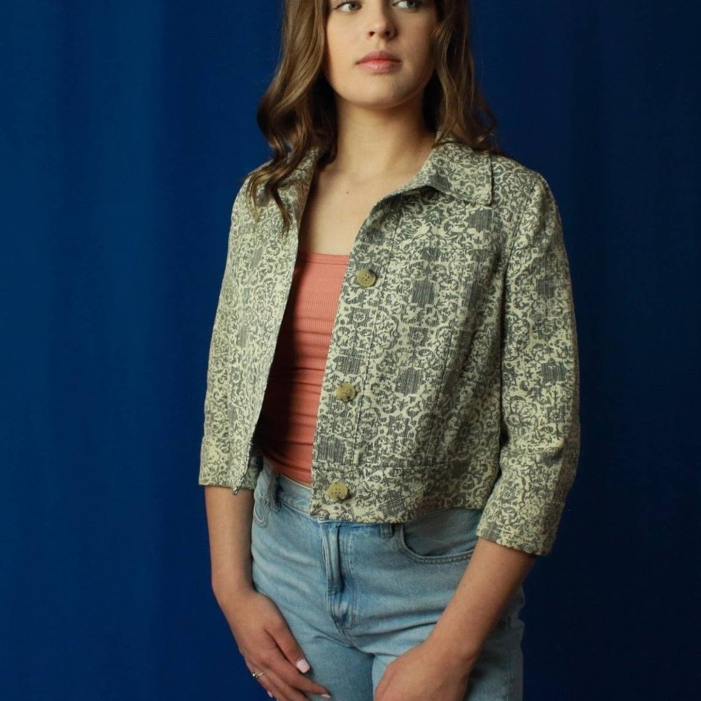 Theory Ecru Brocade Cropped Box Jacket - M