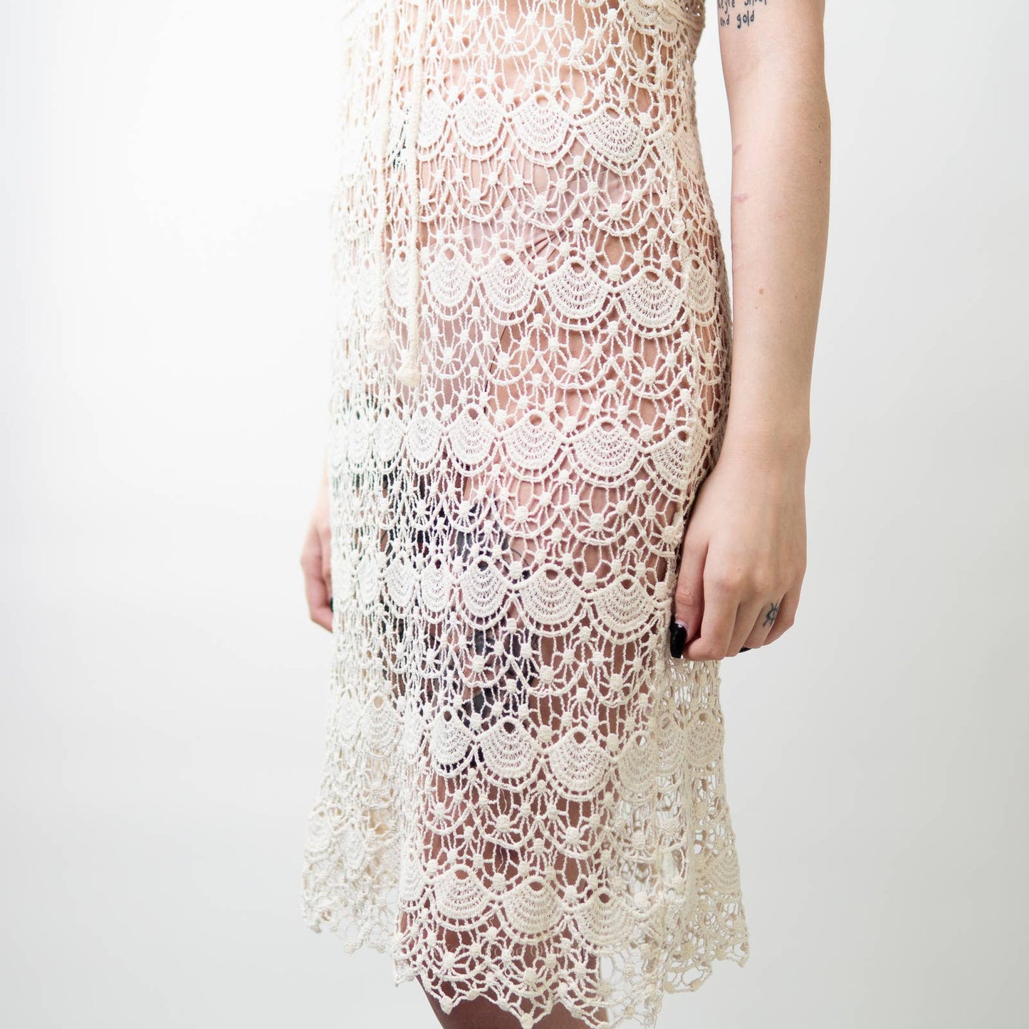 Bone White Lace Crochet Sheer Dress- S/M