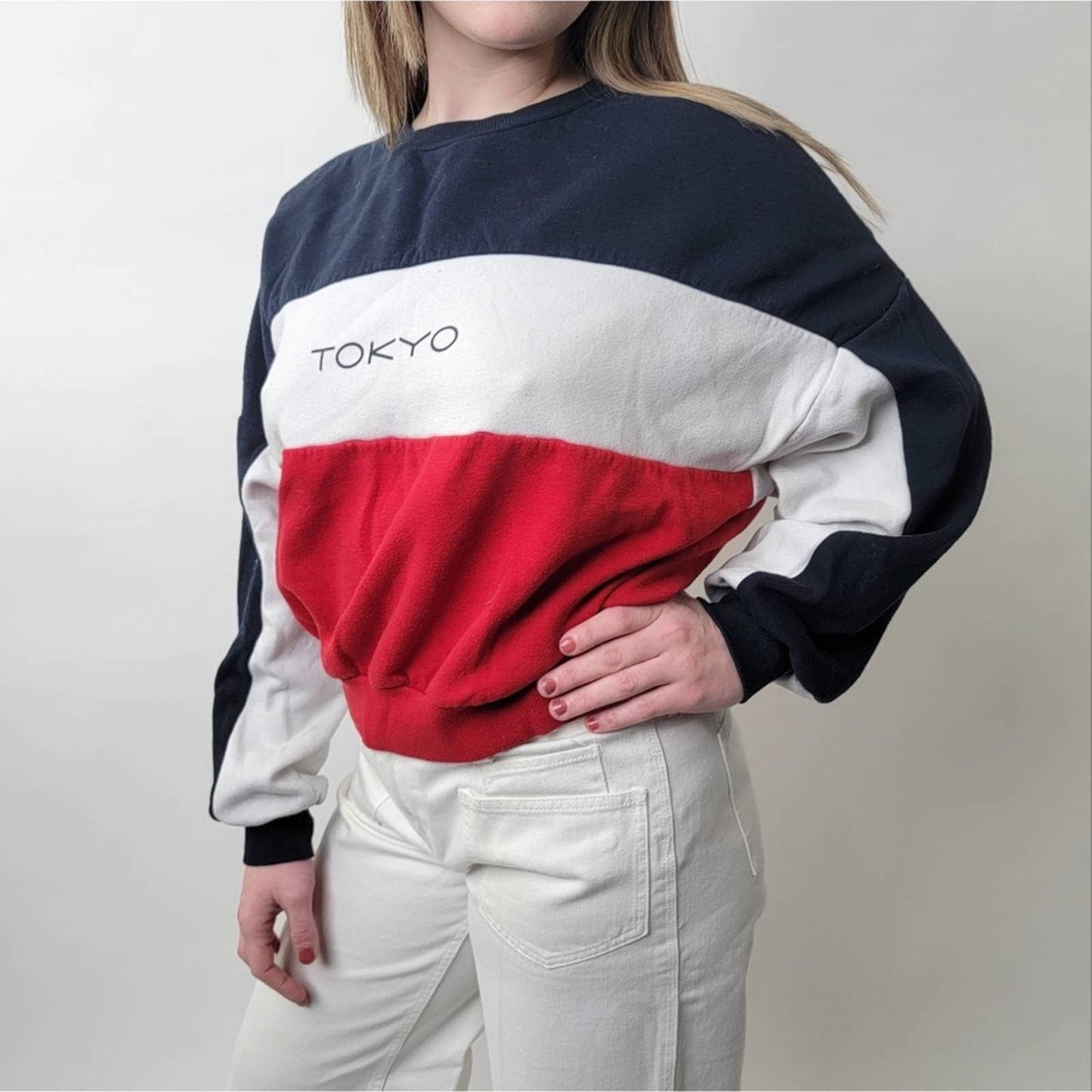 Red White & Blue Striped Colorblock 'Tokyo' Crewneck Sweatshirt - M