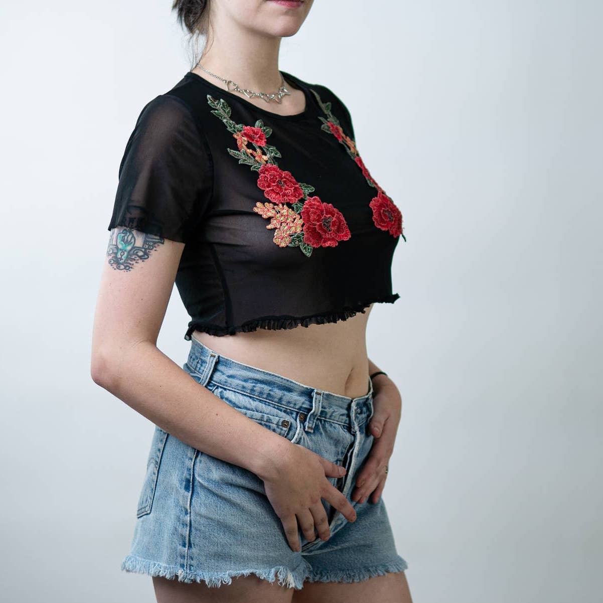 Embroidered Stitched Floral Rose See Through Sheer Mesh Rave Crop Top