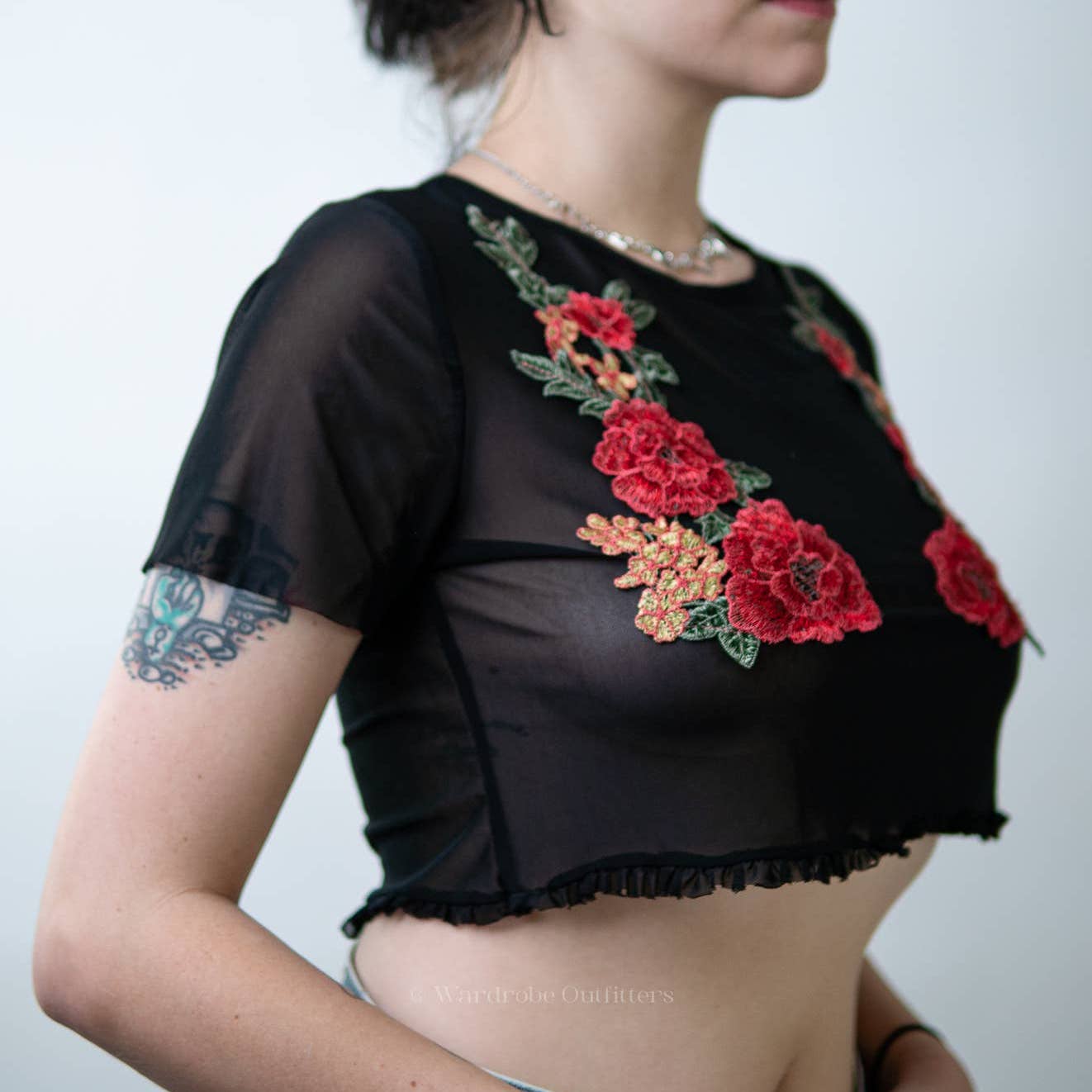 Embroidered Stitched Floral Rose See Through Sheer Mesh Rave Crop Top