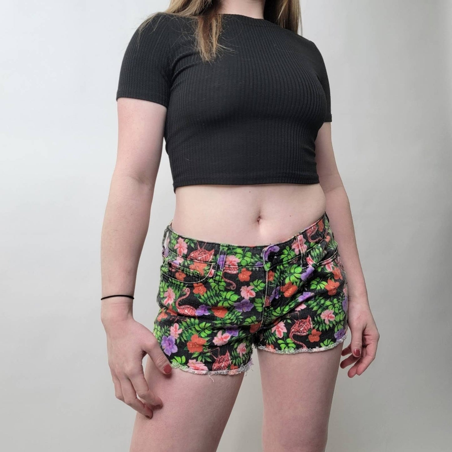 Y2K Lovesick Skeleton Flamingo Floral Denim Cutoff Shorts