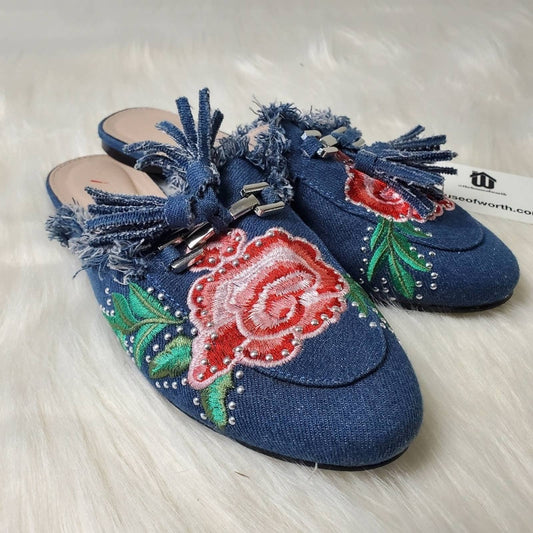 Blue Denim Aubree Embroidered Floral Slip On Mules - 7.5