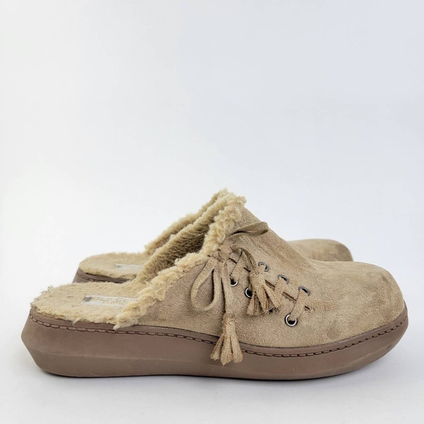 Old College Inn Vegan Suede Leather Slip On Sherpa Fur Lined Loafer Mule Slipper
