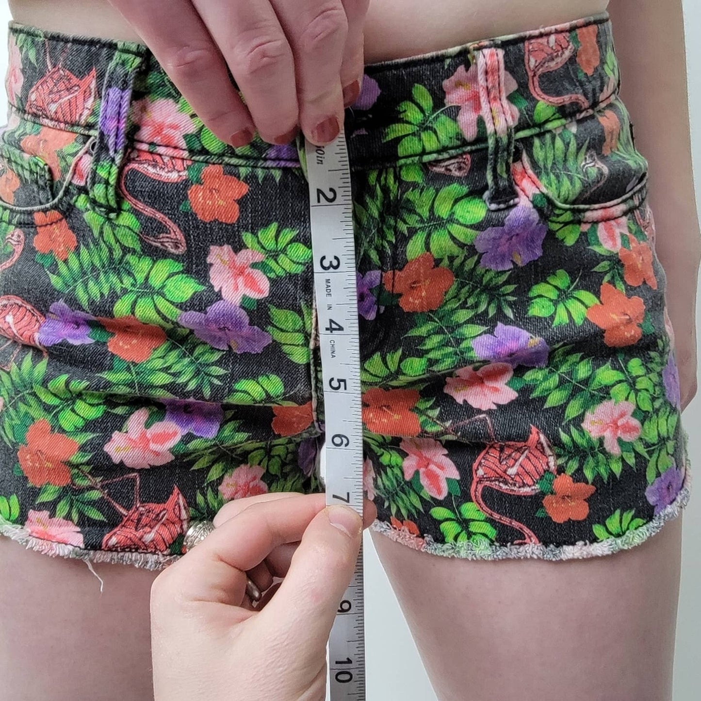 Y2K Lovesick Skeleton Flamingo Floral Denim Cutoff Shorts