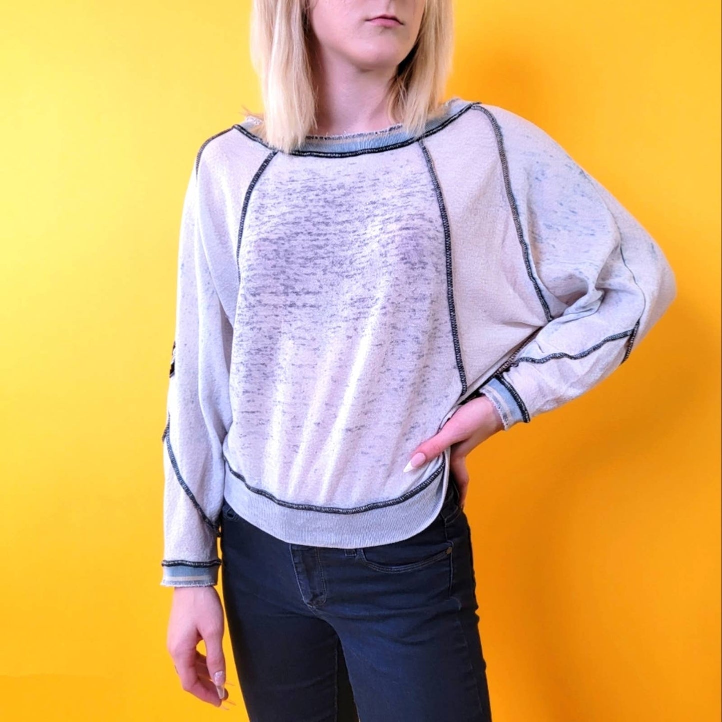 Free People Raw Hem Sheer Jersey Pullover Long Sleeve Top