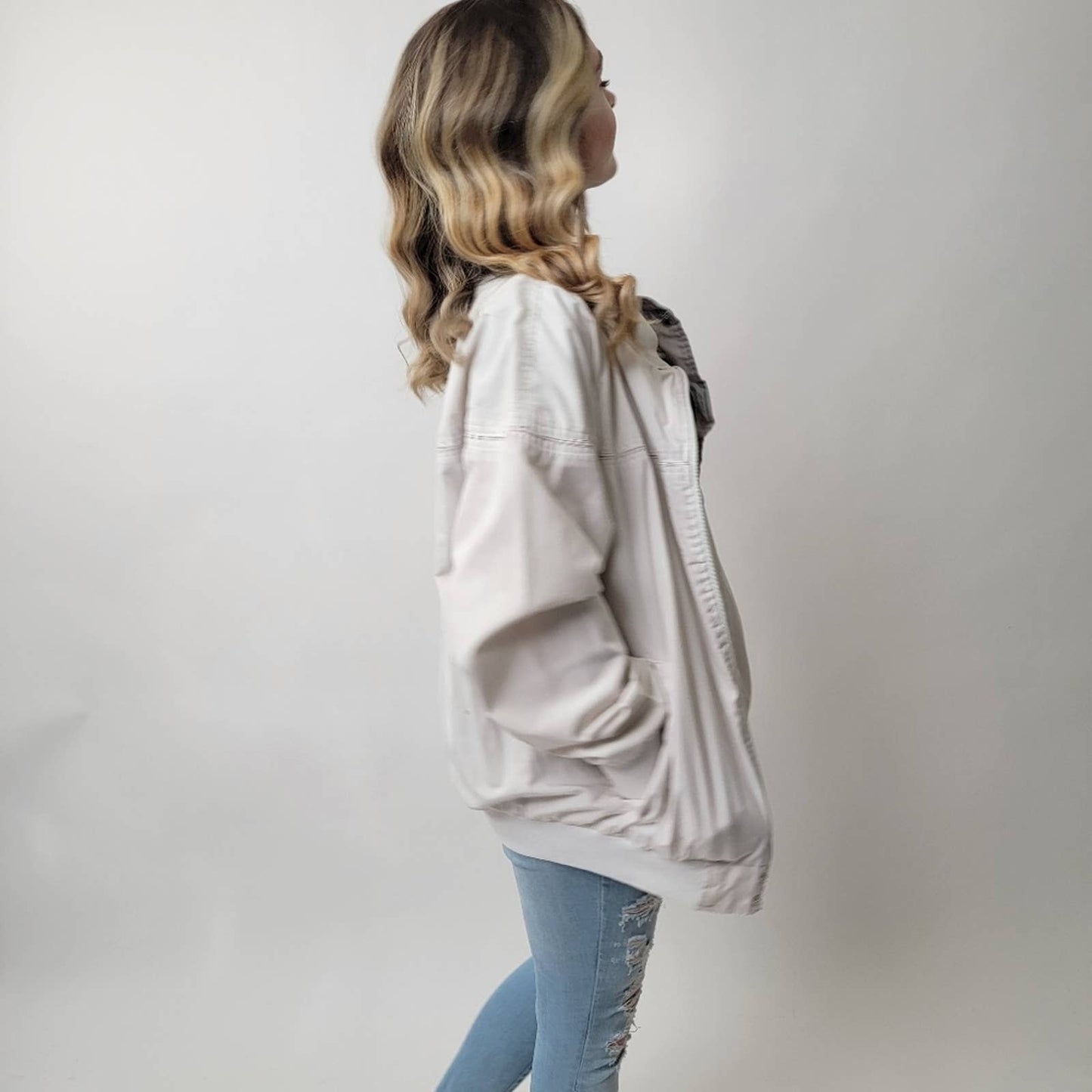 Vintage 80s Haband White Bomber Track Jacket - L