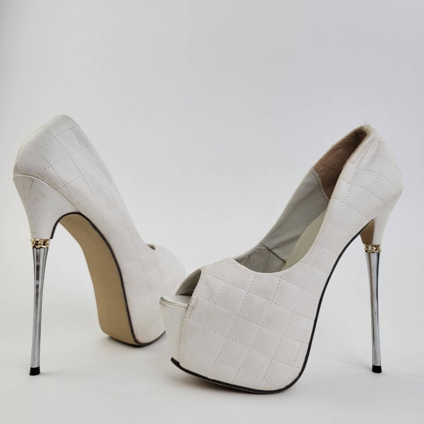 White Checkered Quilted Pumps Sky High Peep Toe Platform Pleaser Heel Stilettos