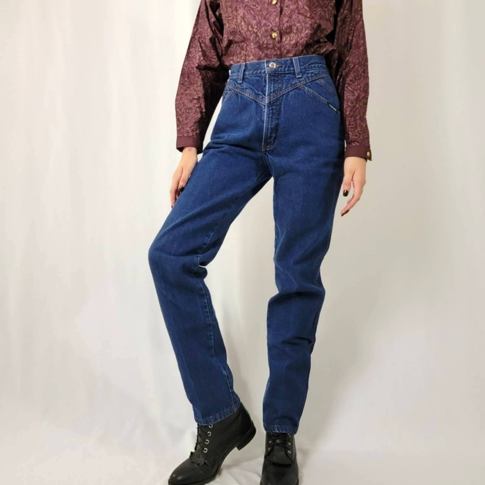 Vintage 24W Rockies jeans, medium wash denim, western, high waisted, high  rise, tapered, slim, asymmetrical, color block, cowgirl, bareback