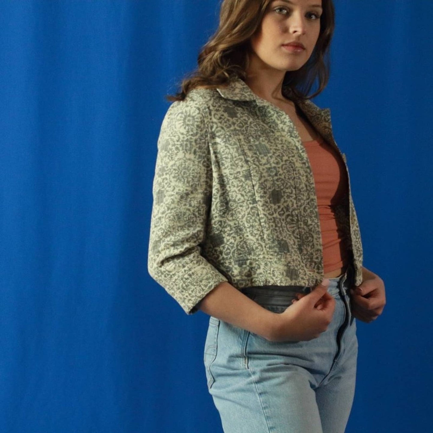 Theory Ecru Brocade Cropped Box Jacket - M