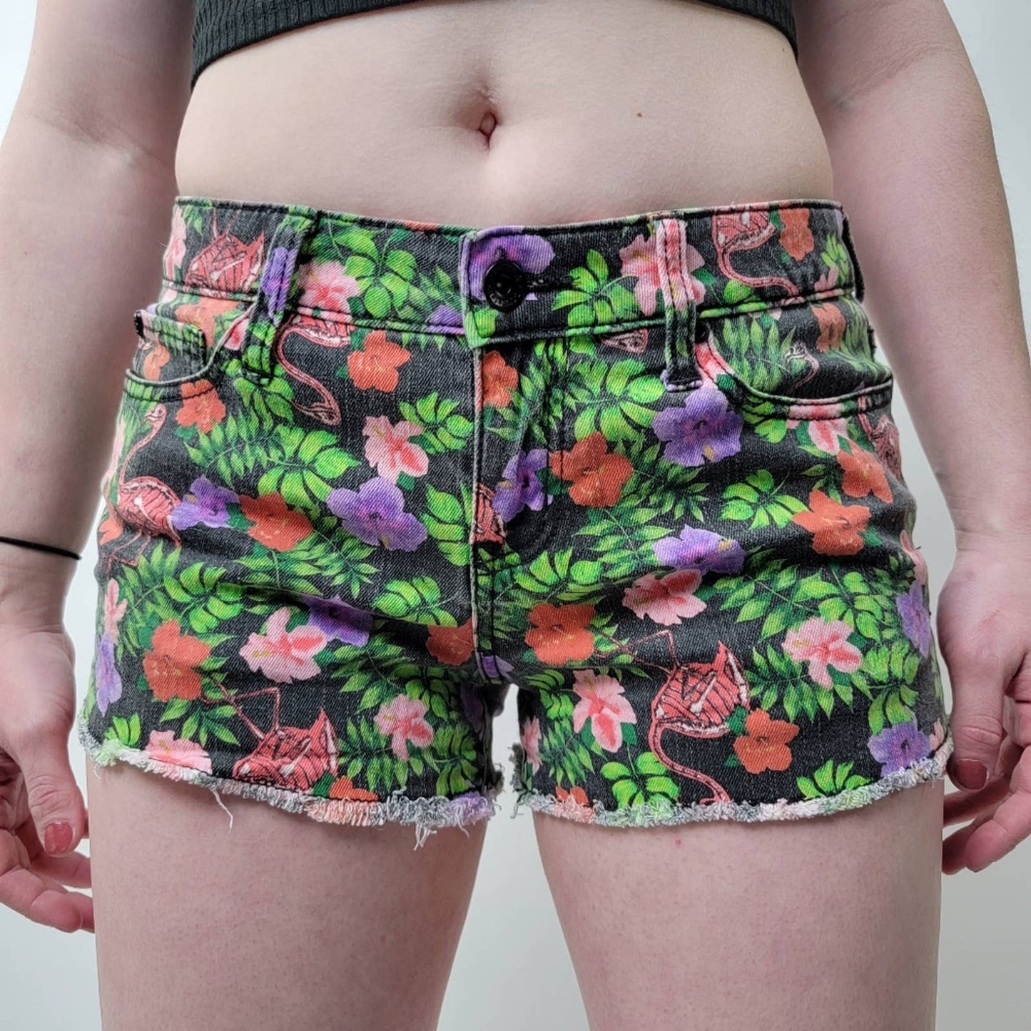 Y2K Lovesick Skeleton Flamingo Floral Denim Cutoff Shorts