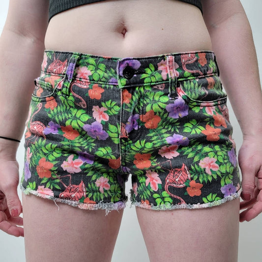 Y2K Lovesick Skeleton Flamingo Floral Denim Cutoff Shorts