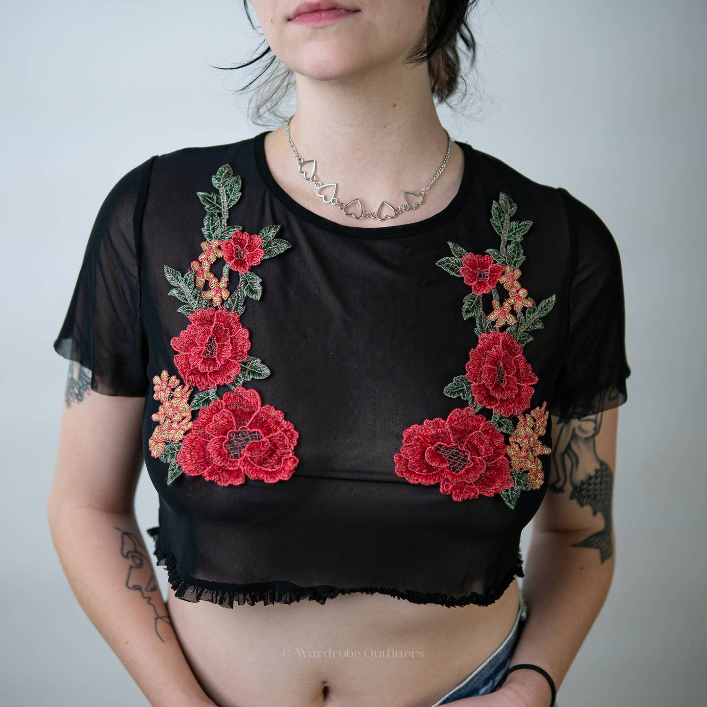 Embroidered Stitched Floral Rose See Through Sheer Mesh Rave Crop Top